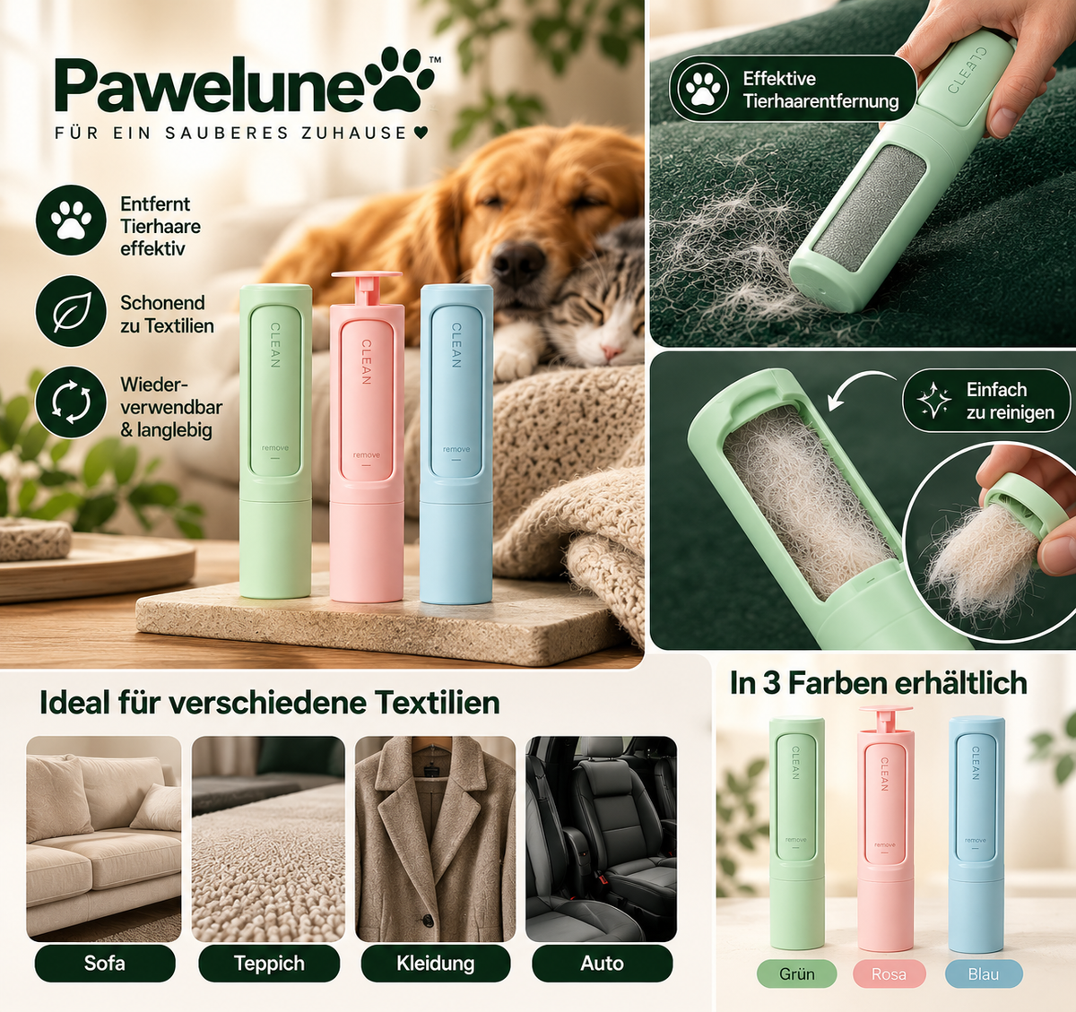Pawelune™ Tierhaarentferner – Für Sofa, Teppich & Kleidung