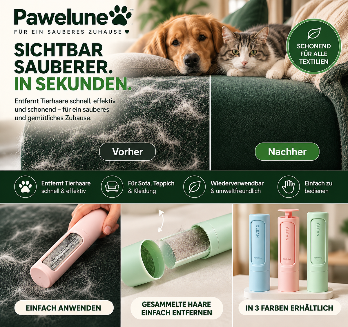Pawelune™ Tierhaarentferner – Für Sofa, Teppich & Kleidung
